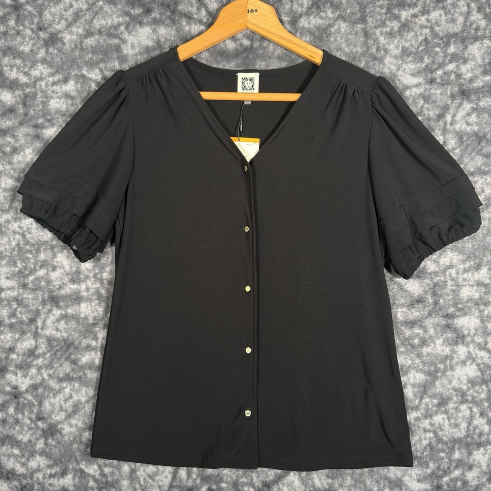 New ANNE KLEIN Button Up Short Sleeve Blouse Pleated Puff Sleeves Womens S Black